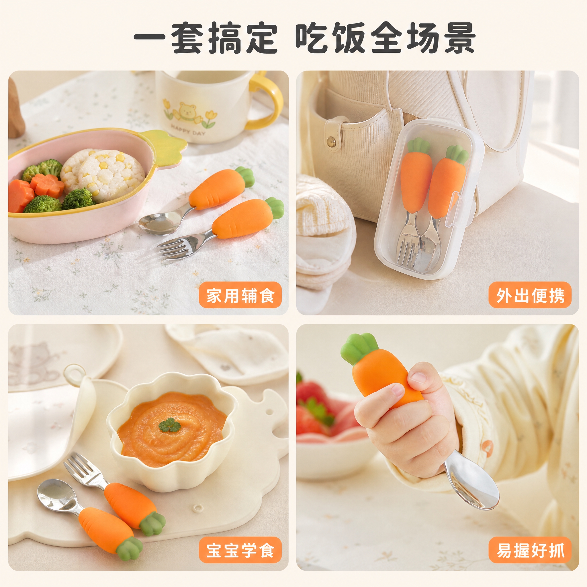 [主图-4] 多场景使用图，展示叉勺在家用、外出、辅食等多场景… - 图片创意预览
