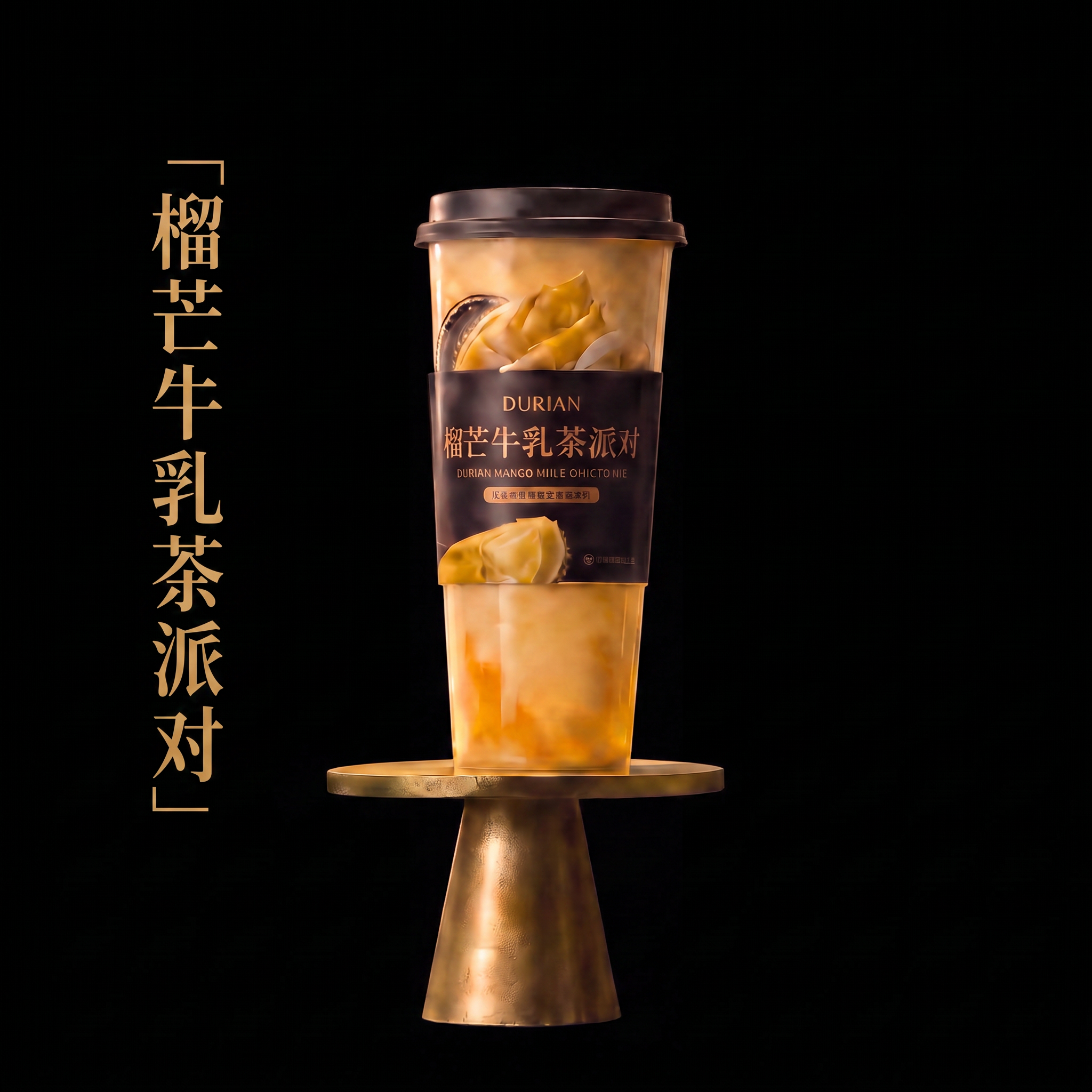 参考图4的底座和纯黑背景风格，将图1的榴芒牛乳茶派对产品底座替… - 图片创意预览