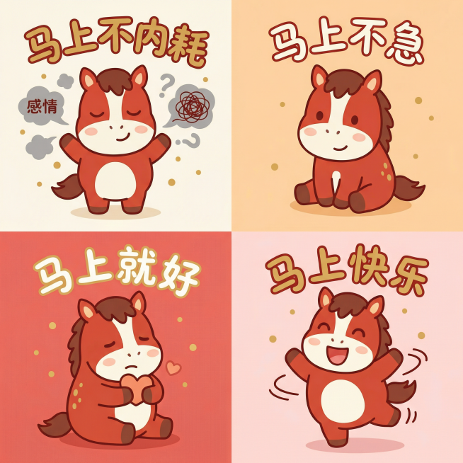 治愈系扁平化插画风格，一张马年新春热梗四宫格表情包插画。

画面为一个正方形画布，被均匀分成四个小格子（四宫格布局），每个格子中都是同一只可爱拟人化的小马角色，角色形象保持一致：大头小身体，圆润比例，预览效果
