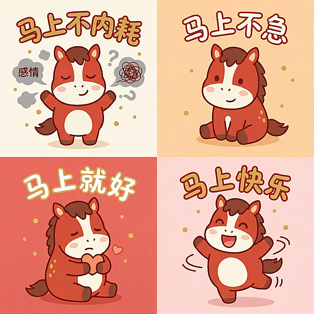 可爱感十足的拟人小马插画，扁平风设计搭配描边线条，温馨趣味中传递甜蜜祝福，节日氛围轻松治愈。