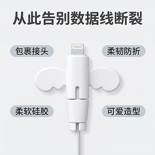 [垫图] https://gdesign-dam-hz.dancf.com/35838865731869716/0aa2d881da2b40f6b44e4204c307be70.jpg
[主图主题] 白色数据线保护套核心卖点展示
[氛围/风格] 清新简约，和首图风格统一
[画面元素] 纯白色天使翅膀数据线保护套居中放置，周围环绕四个悬浮胶囊形卖点标签，对应不同功能部位，背景为浅灰渐变白色背景，全屏铺满无边框，光线均匀明亮，产品造型与原图一致，仅颜色修改为纯白色
[配色色系] 主色调：纯白+浅灰，卖点标签用浅灰底深灰色字
[视角构图] 正面平视，产品居中，焦点清晰
[文字版式] 顶部主标题“从此告别数据线断裂”，四个胶囊卖点标签环绕产品，分别标注“包裹接头”“柔韧防折”“柔软硅胶”“可爱造型”，字体圆角无衬线，文字清晰不遮挡产品主体，布局均衡舒适