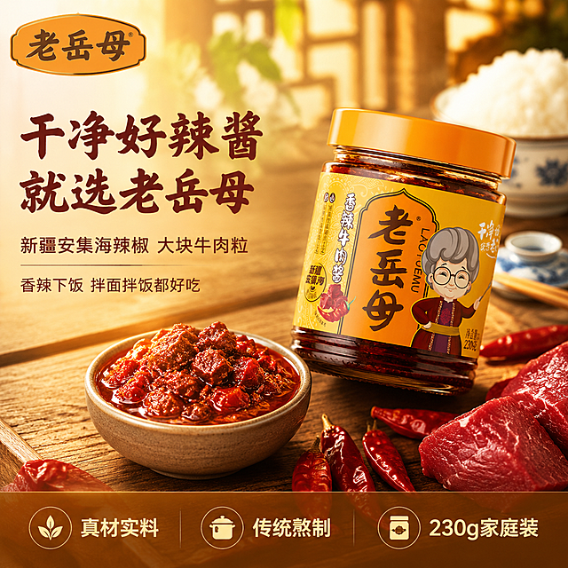 [主图-1] 老岳母香辣牛肉酱食欲首图，左文右图构图。
[氛围风格] 暖橙中式家常食欲风，温馨餐桌场景，专业商业摄影质感。
[画质] 超高清商业摄影质感，光线柔和通透，产品清晰真实，画面干净高级，酱香浓郁有食欲。
[元素] 画面右侧居中放置一瓶老岳母香辣牛肉酱（玻璃瓶装，橙黄色标签，橙色瓶盖，标签上有老岳母卡通人物形象与香辣牛肉酱字样），瓶身微微倾斜45度，瓶前摆放一小碗舀出的牛肉酱，可见大块牛肉粒与红亮油光，旁边散落几颗新疆安集海干辣椒和新鲜牛肉块。背景是温馨的中式木质餐桌，远处模糊可见白米饭、筷子、青花瓷小碟，营造家常下饭氛围。**保持产品外观（即物理结构、材质质感、颜色、标签文字图案、瓶盖颜色）与输入产品图一致，杜绝任何变形和色差，精细化处理**。商品主体占比约65%。画面满屏无边框。左上角放置从产品提取的老岳母品牌Logo，字形与配色与产品一致。
[光影] 自然暖阳侧逆光，从右后方打亮瓶身玻璃与酱体油光，形成通透金边效果；左前方柔光补光，瓶底有柔和接触阴影；整体暖色调，酱香红亮诱人，高光不溢、暗部有层次。
[配色] 主色暖橙黄（背景与产品标签呼应）；辅色深红酱色、木色棕；强调色辣椒红、牛肉酱亮红油光。
[视角构图] 平视微俯视角，产品与牛肉酱碗为视觉中心；前中后景分层，景深中等，背景虚化突出主体。
[文字版式] 左侧负空间左对齐留安全边距，主标题大字粗笔书法体"干净好辣酱 就选老岳母"，深棕红色最大号粗体，下方辅助文案"新疆安集海辣椒 大块牛肉粒"，约半高、同色系略浅。再下方小字"香辣下饭 拌面拌饭都好吃"。底部通栏半透明渐变蒙条，三列小图标+短句：左「真材实料」中「传统熬制」右「230g家庭装」。文字不遮挡产品主体。
[输出要求] 1:1比例，文字清晰锐利可辨，超高清商业摄影质感。
[负向提示词] 变形，文字错乱，产品图模糊，背景杂乱，水印，电商平台Logo，瓶身标签变形错位，瓶盖变色，卡通人物走形，多余的手，畸形手指。
