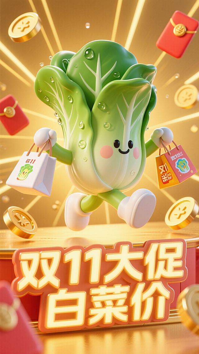 主视觉为一颗小白菜提着购物袋冲出画面，正面视角，背景金币、红包、放射线点缀，画面下方为3D文字灯牌“双11大促白菜价”