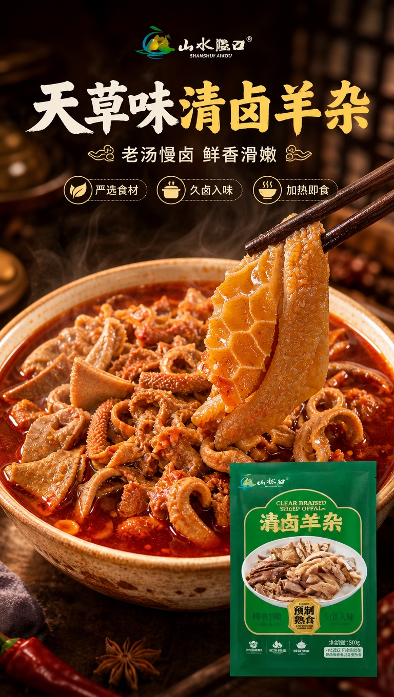[商品] 使用【图2】天草味清卤羊杂绿色包装袋正面图，保留包装… - 图片创意预览
