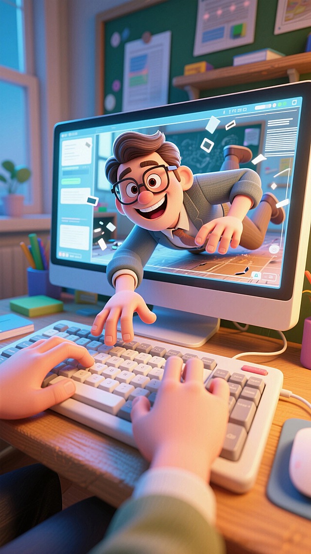 网课里的老师面带笑容，从电脑屏幕中完全探出身子，摔入现实世界，老师的手按在了键盘上，我的POV视角构图，网络与现实的碰撞