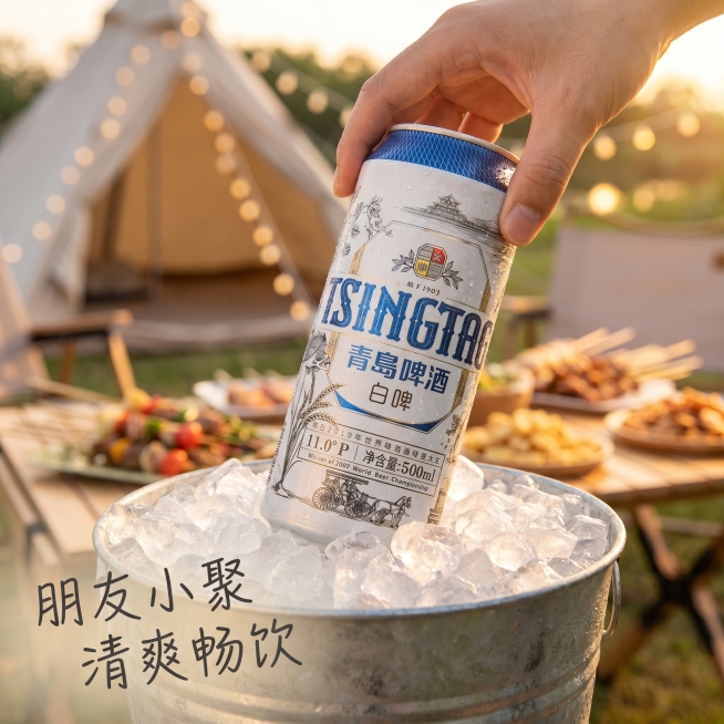 [主图 4] 青岛白啤聚会场景体验图，模拟朋友夏日聚会Vlog视角，一只手正拿起冰桶里的青岛白啤罐装酒，冰桶里填满冰块，背景是松弛的露营帐篷和串串野餐食物，捕捉开启畅饮的自然瞬间。保持拿起的青岛啤酒白预览效果