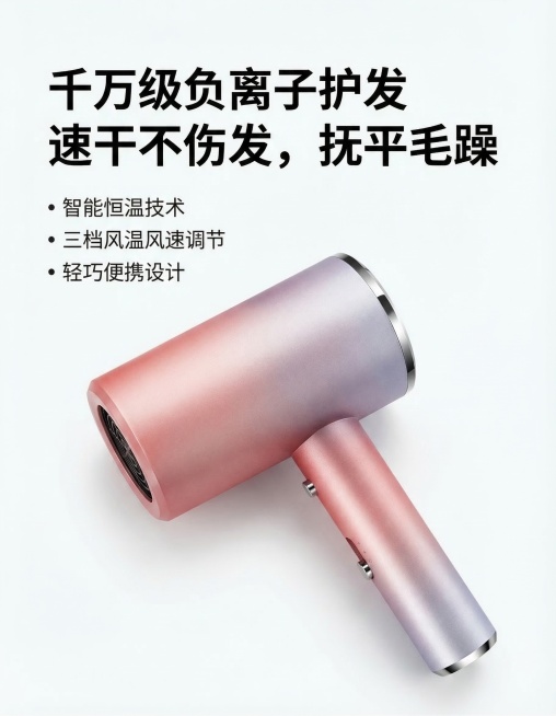 在图片中添加介绍吹风机的产品文案文字，展示这款渐变粉紫色负离子吹风机，保留原产品样式，添加清晰的产品介绍字体内容，电商产品宣传风格，简洁干净背景，突出产品和文字信息预览效果