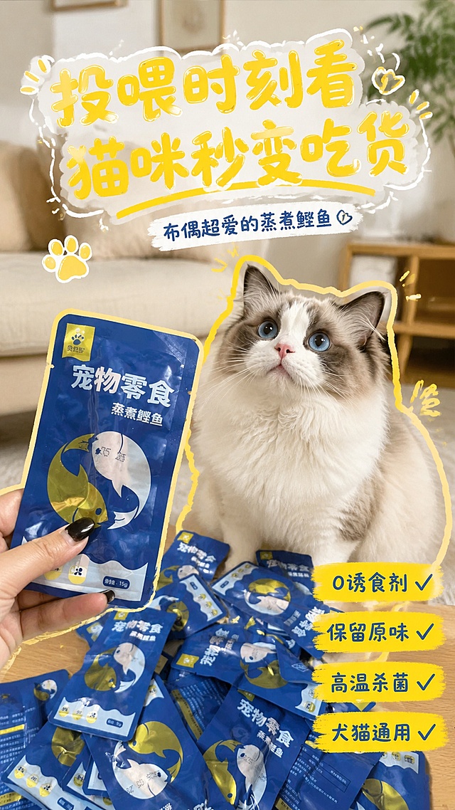 小红书封面图，贝拉哆蒸煮鲣鱼宠物零食，参考图为真实宠物合影手绘描边风格，展示产品包装和布偶猫咪合影，黄色描边装饰，手写风格卖点文字，主标题“投喂时刻看 猫咪秒变吃货”，副标题“布偶超爱的蒸煮鲣鱼”，卖点文字“0诱食剂 保留原味 高温杀菌 犬猫通用”，真实北欧风客厅场景，活泼有趣风格，适合小红书竖版封面