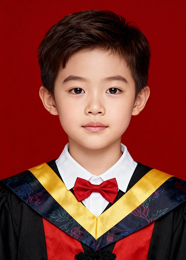 小朋友，男生，博士服穿搭，红色背景，干净的背景，证件照