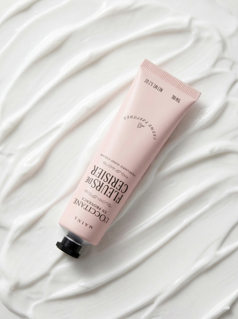 商业产品摄影，俯视特写镜头。画面正中央放置护手霜产品软管，产品呈对角线倾斜放置。保持产品原有Logo和文字内容不变，保持主体物理结构不变，禁止扭曲变形。背景是铺满画面的、厚实浓稠的纯白色乳霜，纯白色的预览效果