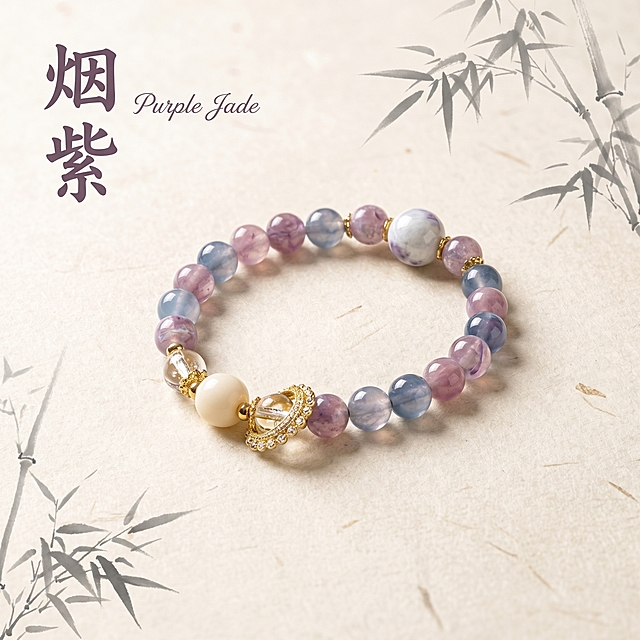 [主图-1] 新中式串珠手链首图展示
[氛围风格] 简约新中式国风，禅意雅致氛围感
[画质] 商业摄影质感，光线柔和通透，产品清晰真实，画面干净高级
[元素] 保持手链外观（珠子配色、材质、金属装饰结构）与输入产品图绝对一致，杜绝任何变形和色差，精细化精修处理，去除背景灰尘杂点，珠子干净通透，金属饰件光泽自然。手链居中摆放，商品主体占比约70%。背景为浅米宣纸质，点缀淡淡的水墨竹影留白，新中式国风元素雅致不抢主体。
[光影] 主光源为柔和顶侧光，打亮珠子通透质感；辅光补匀阴影，金属饰件点缀轮廓光突出精致感；整体光影通透干净，无杂乱反光。
[配色] 主色调为浅米宣纸白，搭配烟紫蓝灰色珠子点缀，金色饰件提亮，整体配色淡雅和谐。
[视角构图] 平视居中构图，景深适中，产品完整不裁切，画面干净满铺无边框。
[文字版式] 左上负空间左对齐留安全边距，大字文案为“烟紫”，书法国风字体，烟紫色粗体；旁边加小字英文手写体“Purple Jade”装饰。文字不遮挡产品主体。
[比例分辨率] 1:1比例，2K分辨率，文字清晰可辨，超高清
[负向提示词] 变形，水印，文字错乱，产品图模糊，背景杂乱，廉价塑料感，文字遮挡产品