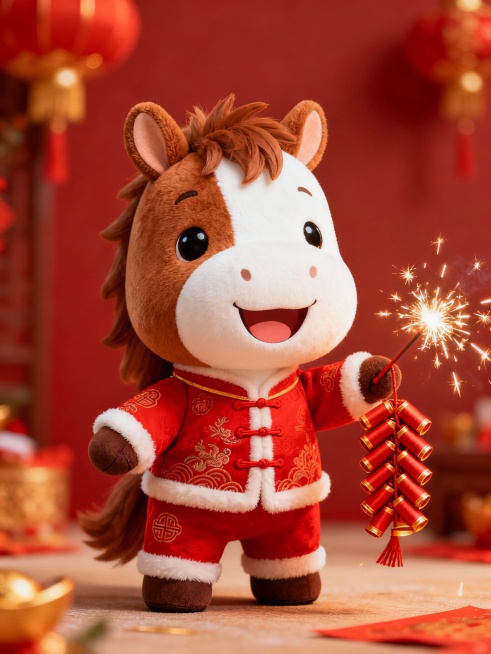 为“马”设计品牌IP形象，以萌宠小马为主体，马以咖色和白色为主，拥有新年新中式红色服装，脸上洋溢着幸福的微笑，正对镜头站着手提鞭炮预览效果