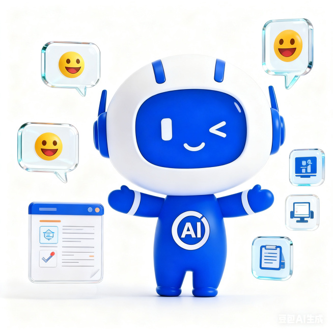 基于原图，将机器人修改为开心的表情和表示欢迎的动作，周围添加玻璃质感对话框，对话框带有笑脸emoji图标，添加一个报表窗口，添加2-3个办公相关图标，不出现任何文字，白色背景，简约画面预览效果