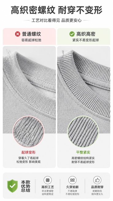 [第4屏] 工艺对比，展示高织高密螺纹对比普通螺纹不易起球变形。
[氛围/风格] 对比展示清晰直观，专业可信电商风。
[元素布局] 左右分栏对比，左侧为普通螺纹，展示起球变形问题，右侧为本品高织高密螺预览效果