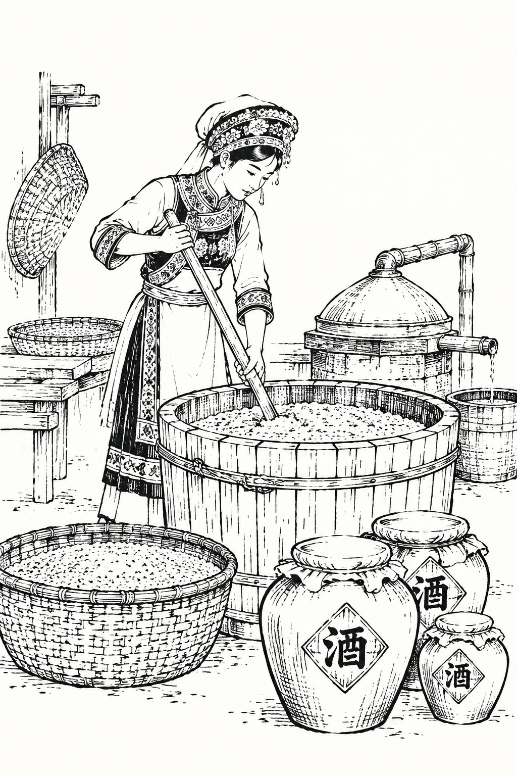 中国传统白描线稿风格，黑白线条插画，古朴的民间木刻版画质感，画… - 图片创意预览