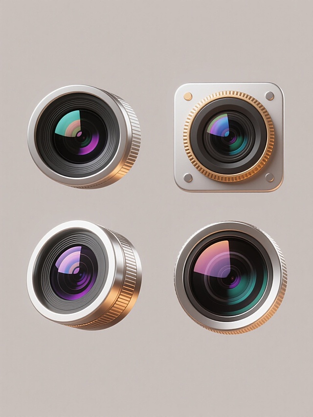4个摄像头图标素材，规整排布，保持高写实3D质感，每个摄像头具有不同造型样式，包括圆形镜头、方形外壳、带装饰环等设计，镜头内部呈现多彩渐变反光效果，金属边框细节丰富，高光和阴影处理细腻，纯色背景，无文字，无logo，无水印，整体视觉统一且细节精致。