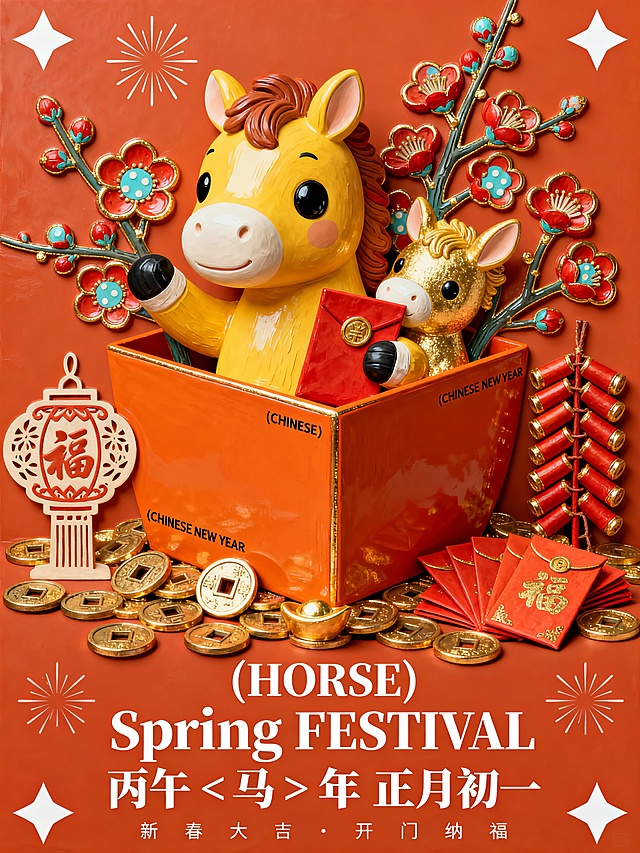 软3D风格的国潮风新年插画，萌趣马儿手持红包，搭配粘土质感的梅花与鎏金元素，喜庆饱满，充满卡通可爱感，传递丙午马年新春祝福。
