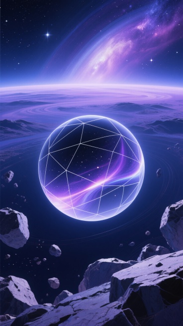 抽象艺术风格的宇宙景观海报，以深邃的靛蓝、神秘的紫色和璀璨的星空银为主色调，营造出宁静而浩瀚的宇宙氛围。画面中央是由几何线条构成的抽象行星，表面流淌着如星河般的渐变光带，周围环绕着破碎的岩石形态，象征着宇宙中的小行星带。远处的星云以柔和的渐变色彩铺展，点缀着闪烁的星辰，形成层次感丰富的视觉纵深。整体构图采用三分法，主体元素突出，色彩对比鲜明，通过流畅的曲线与锐利的棱角交织，展现宇宙的神秘与壮丽……预览效果