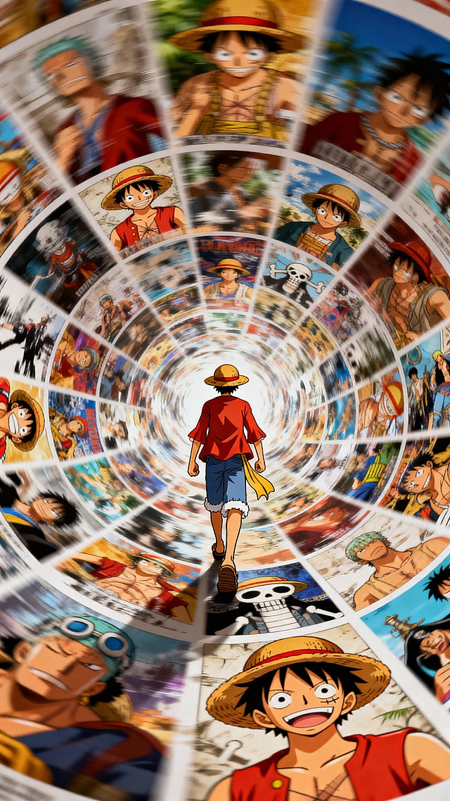 画面中有许多经典路飞场面呈螺旋状排列，主人公路飞在旋转的海报中行走。固定聚焦在他身上，周围呈现朦胧模糊、涂抹、拖影的效果。