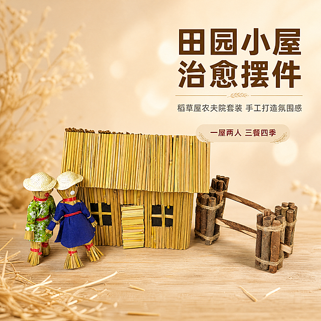 [商品] 使用【图1】稻草屋农夫院套装；保留稻草屋主体结构、稻草材质纹理、木质框架、稻草人玩偶（绿花衣+蓝衣各一）、木质栅栏门配件的造型、颜色、比例和材质；商品处理：保留所有部件原貌，增强稻草纹理与木材质感，去除背景杂物。
[画面] 第1张·氛围头图，目标：建立田园治愈第一印象，展示整套摆件完整造型。构图：居中偏左主体陈列，右侧留白放文字；主体占画面约65%；角度为正面微俯视；景别为中景；阅读动线从右上标题到左下主体。前景：浅木色桌面；中景：稻草屋+稻草人+栅栏门完整套装；后景：暖米色渐变背景，点缀柔和光斑与细碎干草装饰，营造田园氛围感。
[视觉] 套系策略：风格=温馨田园风家居摆件商业摄影；标题字=阿里巴巴普惠体粗体；正文字=阿里巴巴普惠体常规；主色=暖麦秆黄+原木棕；背景延展=基于暖米白做深浅层级、同色渐变和细腻草编/木纹质感；强调色=砖红色，仅用于小面积图标、引线和标签；标题色=深棕褐；正文色=中暖灰；组件=圆角浅底信息卡、细线引线、草编质感装饰条；光影=左前侧暖柔光，柔和阴影。
[文字] 右上区域放主标题、副标题和1句核心slogan，不遮挡稻草屋主体和稻草人。主标题："田园小屋 治愈摆件"，副标题："稻草屋农夫院套装 手工打造氛围感"，辅助文案："一屋两人 三餐四季"。文字均为横向排版，层级清晰。
[规格] 图片比例1:1方版，4K，medium。负向提示：避免变形、错字、文字过小、冷蓝/冷灰背景、商品颜色改变、结构失真、极限词、违禁词、小标致图案、平台Logo、二维码。