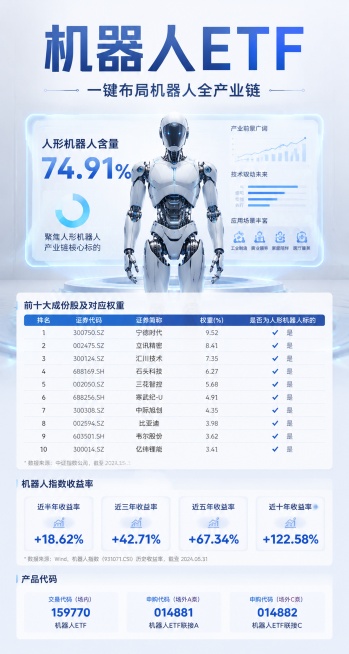 科技科幻风浅色调竖版金融海报，主视觉为人形机器人正面朝向镜头站立，背后是一块大大的发光光屏，3D渲染风格，整体简约高级，浅蓝灰渐变背景。画面清晰排版精美，包含以下完整文案：
主标题："机器人ETF"预览效果