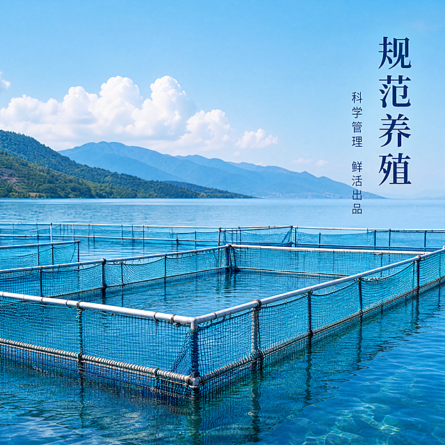[主图-3] 养殖环境细节展示图
[氛围风格] 干净规整现代化养殖氛围
[画质] 商业摄影质感、光线明亮通透、画面清晰真实、高级干净
[元素] 特写展示原图中单个网箱区域，清晰呈现养殖网箱的规整结构，周围环绕清澈湖水，远处青山作背景；保持原图湖水和山峦色彩一致，精细化处理，主体网箱占比约65%，画面满屏无边框
[光影] 自然光均匀照明，网箱网格纹理清晰，水面纹理自然
[配色] 主色调清澈湖蓝，搭配远山灰蓝，文字对比清晰
[视角构图] 特写平视，聚焦网箱细节，背景适当虚化
[文字版式] 右侧竖排文字，大字写「规范养殖」，小字标注「科学管理 鲜活出品」，文字深浅对比清晰，不遮挡网箱主体
[比例分辨率] 1:1 比例，4K 分辨率，文字清晰可辨，超高清
[负向提示词] 变形，水印，文字错乱，产品模糊，背景杂乱，文字遮挡主体