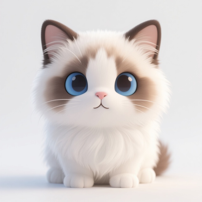 一只蓝眼睛的布偶猫，毛发蓬松柔软，主要为白色，夹杂着浅棕色和深棕色的斑纹，耳朵竖立，表情温和，背景为纯白色。预览效果