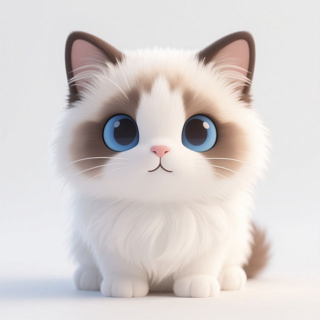 一只蓝眼睛的布偶猫，毛发蓬松柔软，主要为白色，夹杂着浅棕色和深棕色的斑纹，耳朵竖立，表情温和，背景为纯白色。