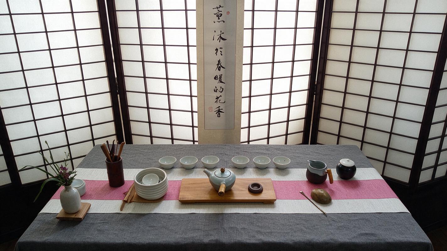 功夫泡茶会主题，融合三张参考图中的中式茶席、茶具、日式障子门屏… - 图片创意预览