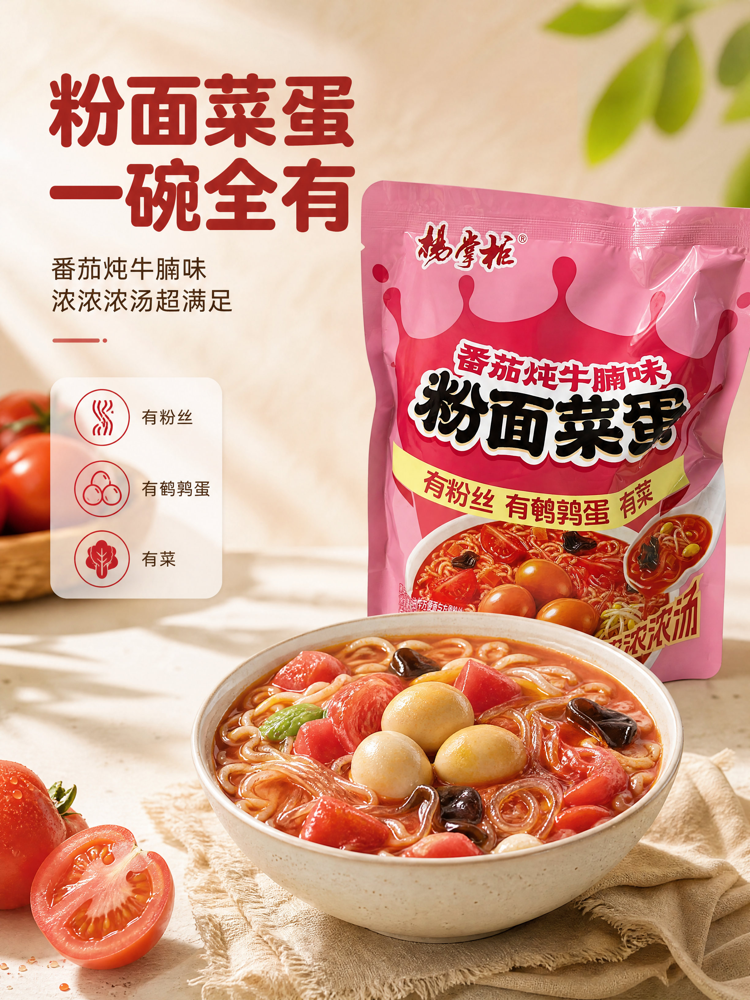 [商品] 使用【图1】杨掌柜番茄炖牛腩味粉面菜蛋袋装方便面；保… - 图片创意预览