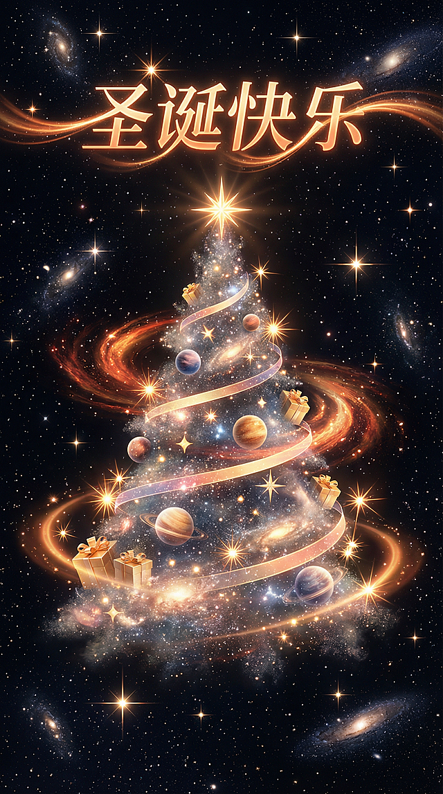 宇宙星河中的梦幻圣诞树，鎏金光带缠绕星球与礼物，3D粒子风营造未来感与奢华感，闪耀星空下尽显浪漫与神圣的节日氛围。