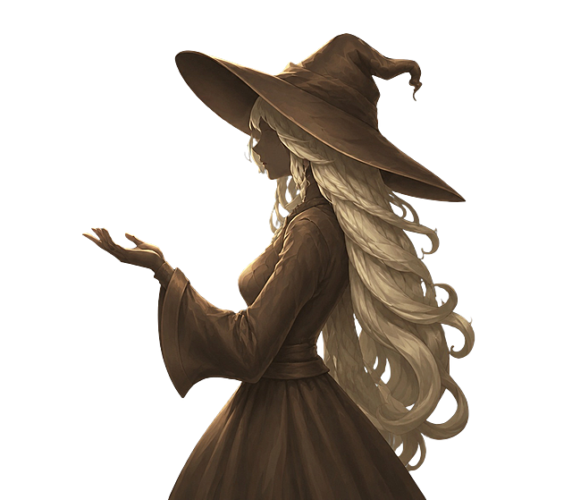 去除魔女身上所有的镶嵌宝石，简化整体的纹理和绘画笔触，保持魔女侧身剪影托举的姿态和原材质风格不变，灰色背景保留