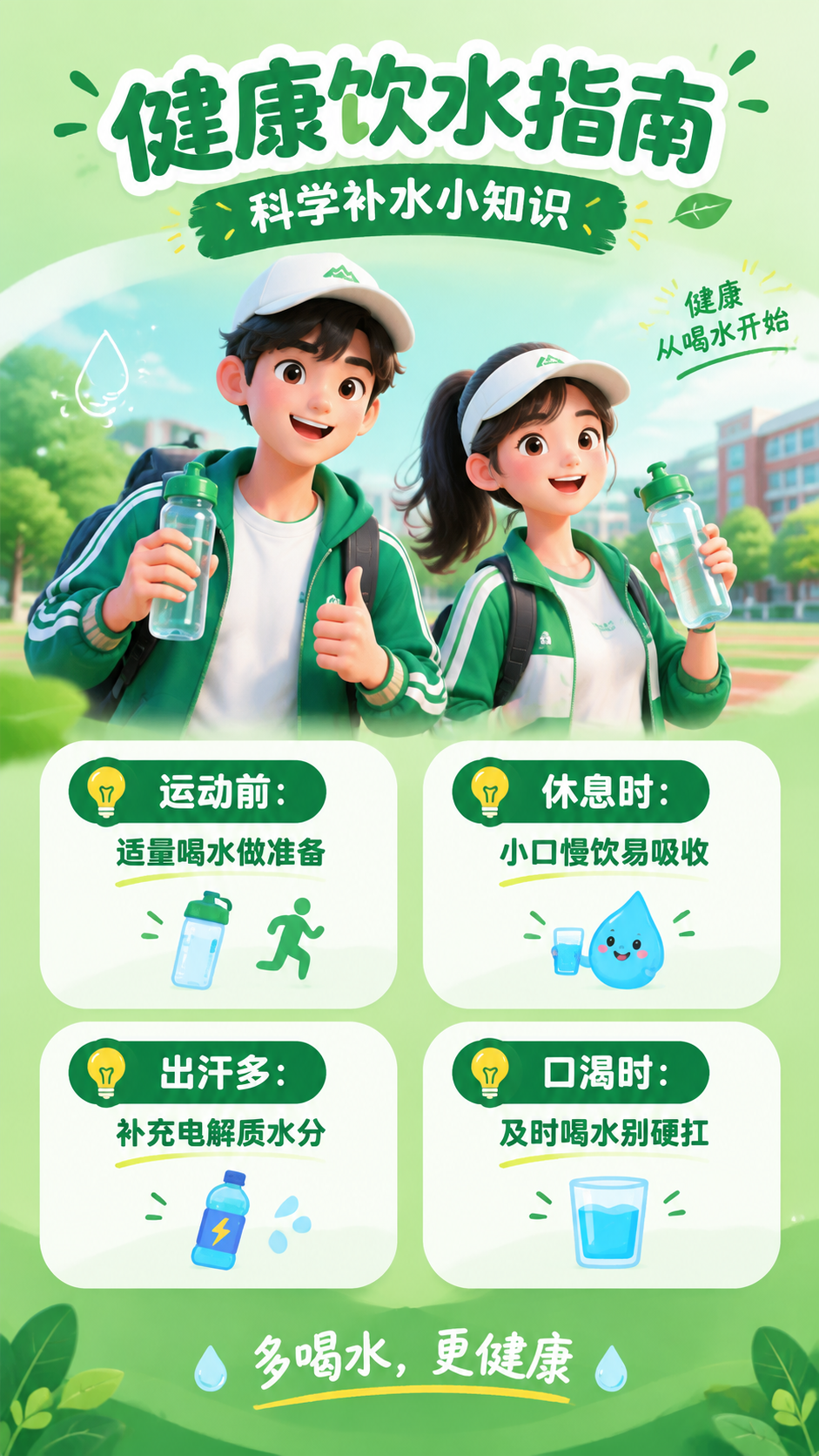 竖版健康饮水指南海报，清新绿色系，3D卡通风格。画面顶部大标题… - 图片创意预览