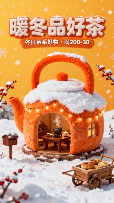 主体为橙色茶壶造型小屋（屋顶积雪、橙色提手，内部设棕色茶桌、冒着热气的茶炉、茶具，外围环绕暖橙串灯）；场景是飘雪的雪地，分布带雪红梅、棕色木信箱、载满点心的木推车；上方 3D 橙色毛绒字体设计的主副标预览效果
