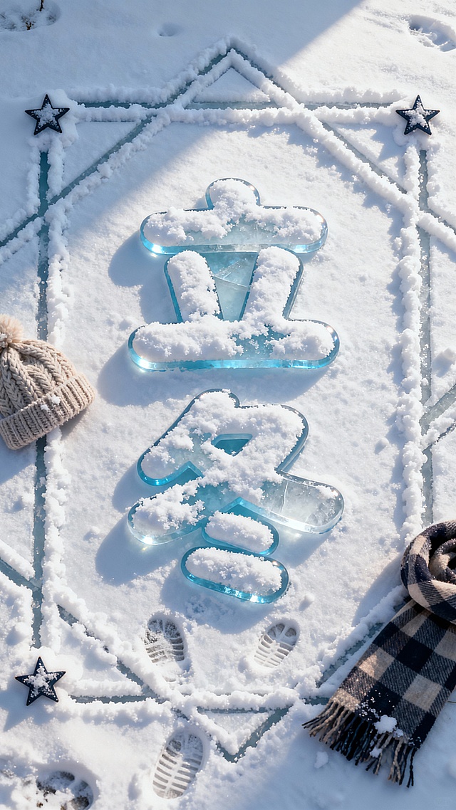 俯视视角，画面主视觉是雪地中的 “立冬”文字（字体圆润可爱），文字部分像被踩踏，露出淡蓝色冰面。雪质细腻带自然纹理，装饰帽子、围巾、足迹，搭配雪堆成的几何线条、星星元素作为边框。
