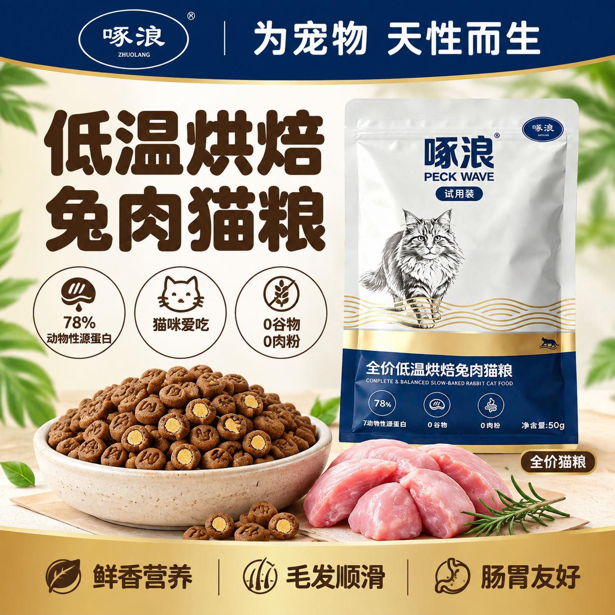[单张主图] 啄浪全价低温烘焙兔肉猫粮电商主图，爆款促销感路线… - 图片创意预览
