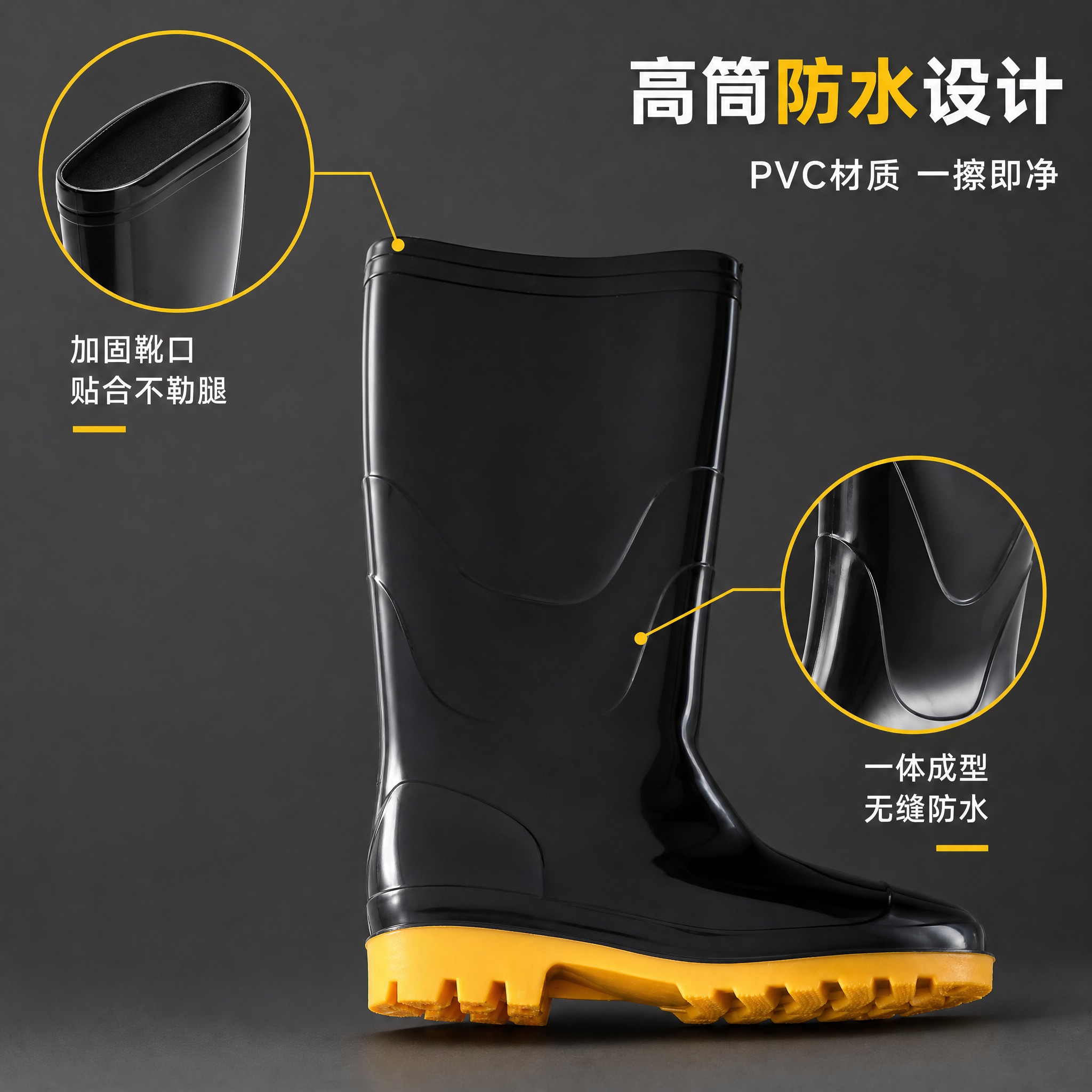 [主图-4] 黑色高筒雨靴 高筒防水结构与材质细节。 [统一基… - 图片创意预览