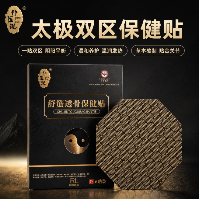 [主图1]太极双区保健贴产品首图，黑金色国潮养生风。保持产品包装盒和八角贴剂外观、物理结构、材质质感、颜色与输入产品图绝对一致，杜绝任何变形和色差，精细化处理。产品包装盒搭配保健贴居中饱满展示，商品主预览效果