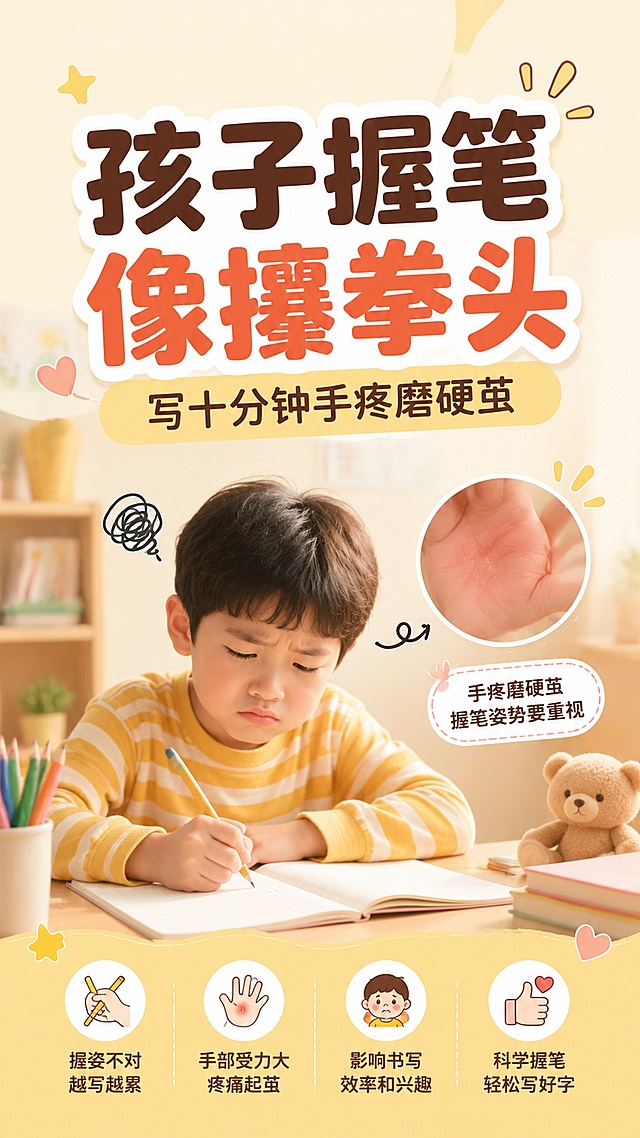 小红书亲子教育封面图，主标题大字：孩子握笔像攥拳头，副标题小字：写十分钟手疼磨硬茧，明亮温暖亲子风格，柔和配色，文字醒目清晰，保持和这套图文一致风格