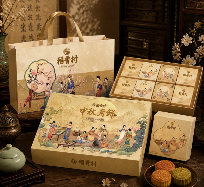 重新将这六张稻香村月饼包装图片整合在一起，生成一套完整的月饼礼盒套装展示，保持古典国风仕女插画风格一致，整体画面协调自然，清晰展示礼品袋、外礼盒和内盒小包装的完整套装结构预览效果