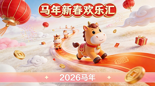 软3D风卡通马群奔腾于祥云红绸之上，国潮元素融合鎏金细节，喜庆梦幻，传递2026马年新春欢乐氛围。