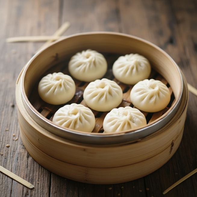 发面制作的小笼包，6只整齐摆放在蒸笼里，包子皮蓬松暄软，表面有自然的褶皱，透出淡淡的麦香，热气腾腾，展现出发面特有的松软质感预览效果