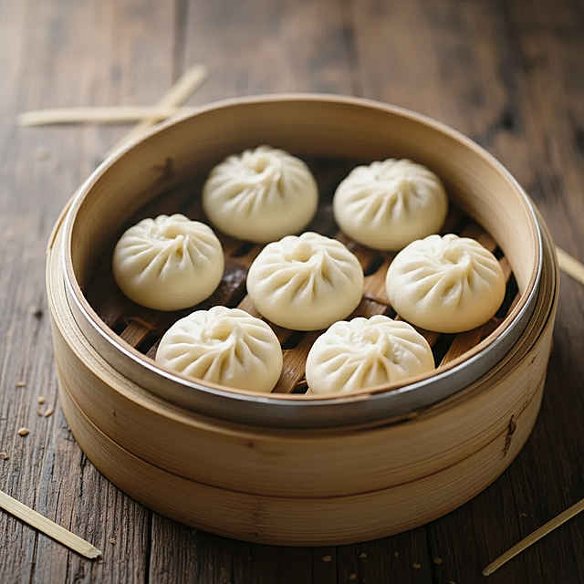 发面制作的小笼包，6只整齐摆放在蒸笼里，包子皮蓬松暄软，表面有自然的褶皱，透出淡淡的麦香，热气腾腾，展现出发面特有的松软质感
