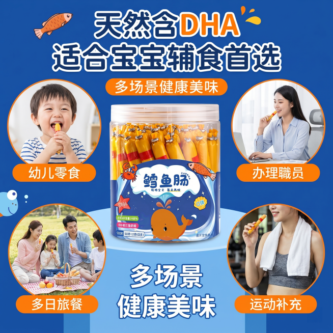 鳕鱼肠电商主图，展示产品适配多种场景：儿童加餐、办公室零食、户外野餐、健身补餐，突出天然含DHA，适合宝宝辅食，淘宝电商风格，1:1比例预览效果