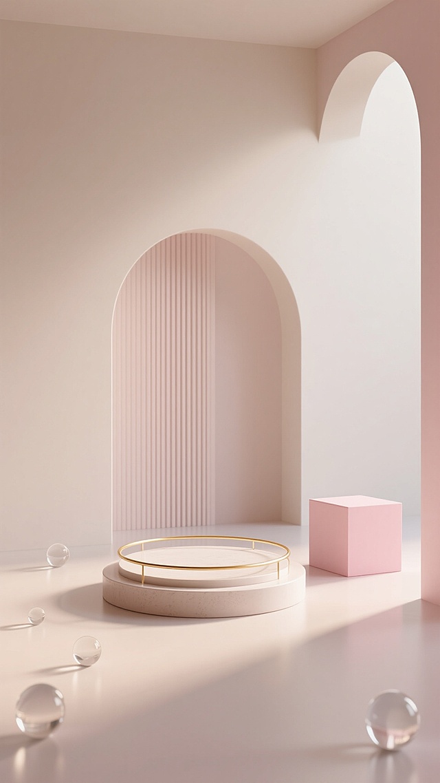 极简主义3D渲染，柔和的米白色与浅粉色为主色调，温暖的侧上方光源，柔和阴影，细腻的磨砂质感与光滑表面对比，画面中央是带金色细环装饰的圆形展示台，旁边放置一个粉色立方体基座，背景为带有垂直条纹装饰的拱门结构，地面散落着透明玻璃球体，整体构图简洁平衡，营造出宁静、优雅、高级的产品展示氛围，空间感通透，光线柔和，细节精致。