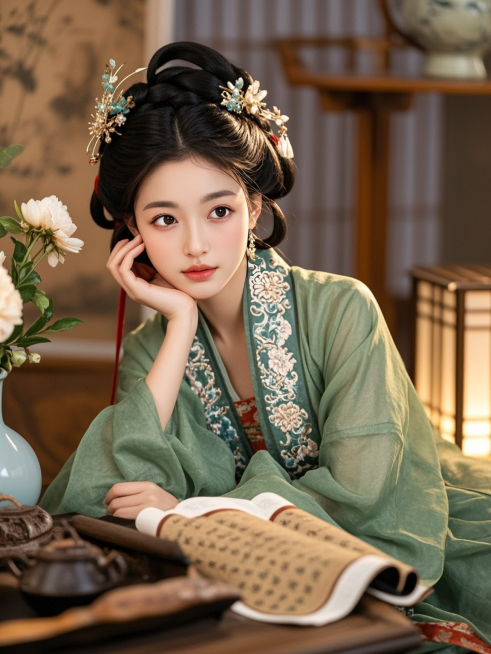 一名身穿绿色系汉服的女生，中式发饰，皮肤纹理清晰，仿古摄影，半身照，人物特征保持，有道具预览效果