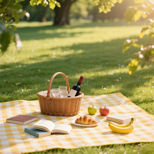 在阳光明媚的户外草地上，铺着一块黄白相间的格子野餐布，布上放置着一个棕色藤编野餐篮，篮子里有一瓶红酒和几个玻璃杯，旁边是一盘牛角面包和苹果，散落着几本翻开的书和黄色香蕉，阳光透过树叶洒下斑驳的光影，营造出悠闲惬意的野餐氛围，色彩明亮温暖，光影柔和自然，整体风格写实温馨，充满生活气息。预览效果
