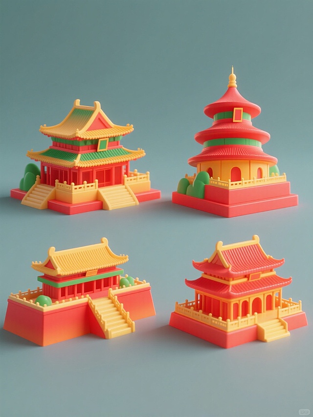 一套4个规整排布的3D质感国家地标素材，每个地标造型样式各异，采用与示例中故宫相同的3D渐变质感，主色调为鲜艳的红色与黄色搭配，辅以绿色点缀，光影表现为柔和的侧面光源，高光清晰，阴影过渡自然，整体呈现平滑的数字艺术风格，背景为纯色，无任何文字、logo及水印。