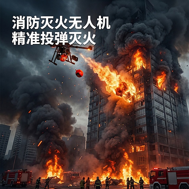 消防灭火无人机作业场景图，情感代入风格，展示无人机在城市高楼火灾现场作业的场景，高楼有明火和烟雾，无人机悬停在高空投放灭火弹，画面紧张有冲击力，突出无人机的应急救援能力，色调以红黑灰为主