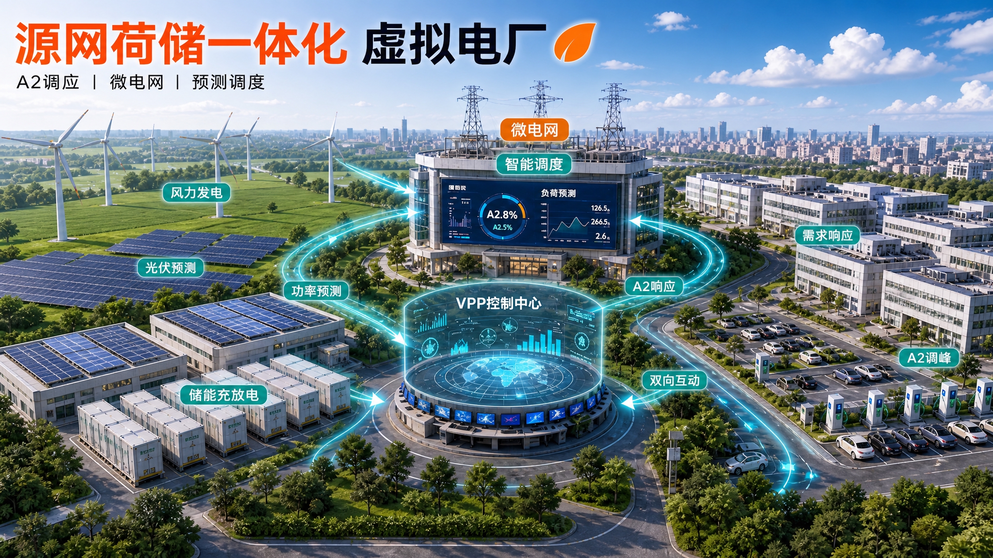 源网荷储一体化虚拟电厂全景示意图，鸟瞰视角。画面左侧电源侧：绿… - 图片创意预览